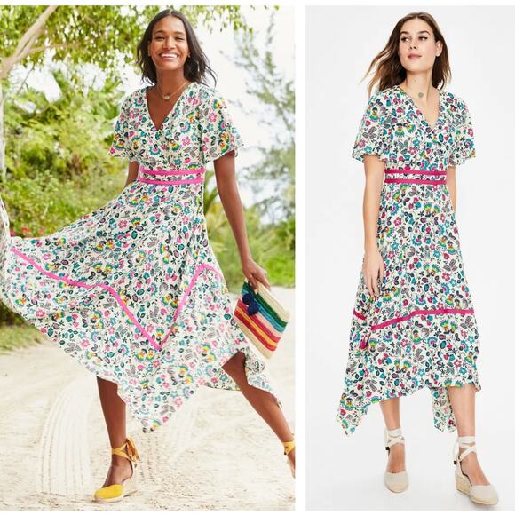 BODEN Holly Hanky Hem Midi Dress Ivory Exotic Garden Floral Sz 4 Long {3N8} - Picture 1 of 5